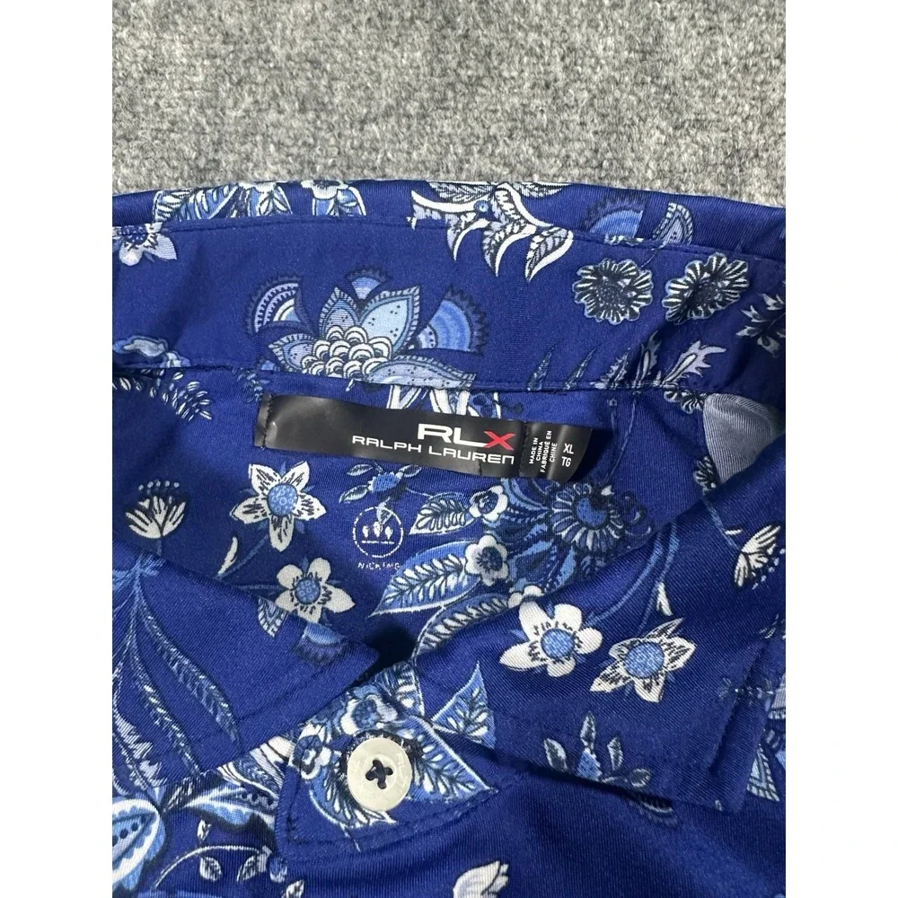 RLX Ralph Lauren Men's XL Blue Floral Wicking Polo Shirt Streamsong Golf Course